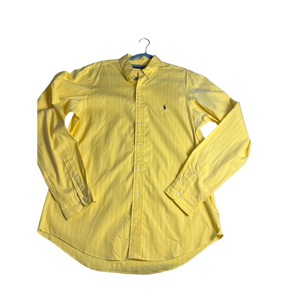 Ralph Lauren Mens Yellow Striped Custom Fit Button-Up Shirt Size 16.5/37 Long Sl
